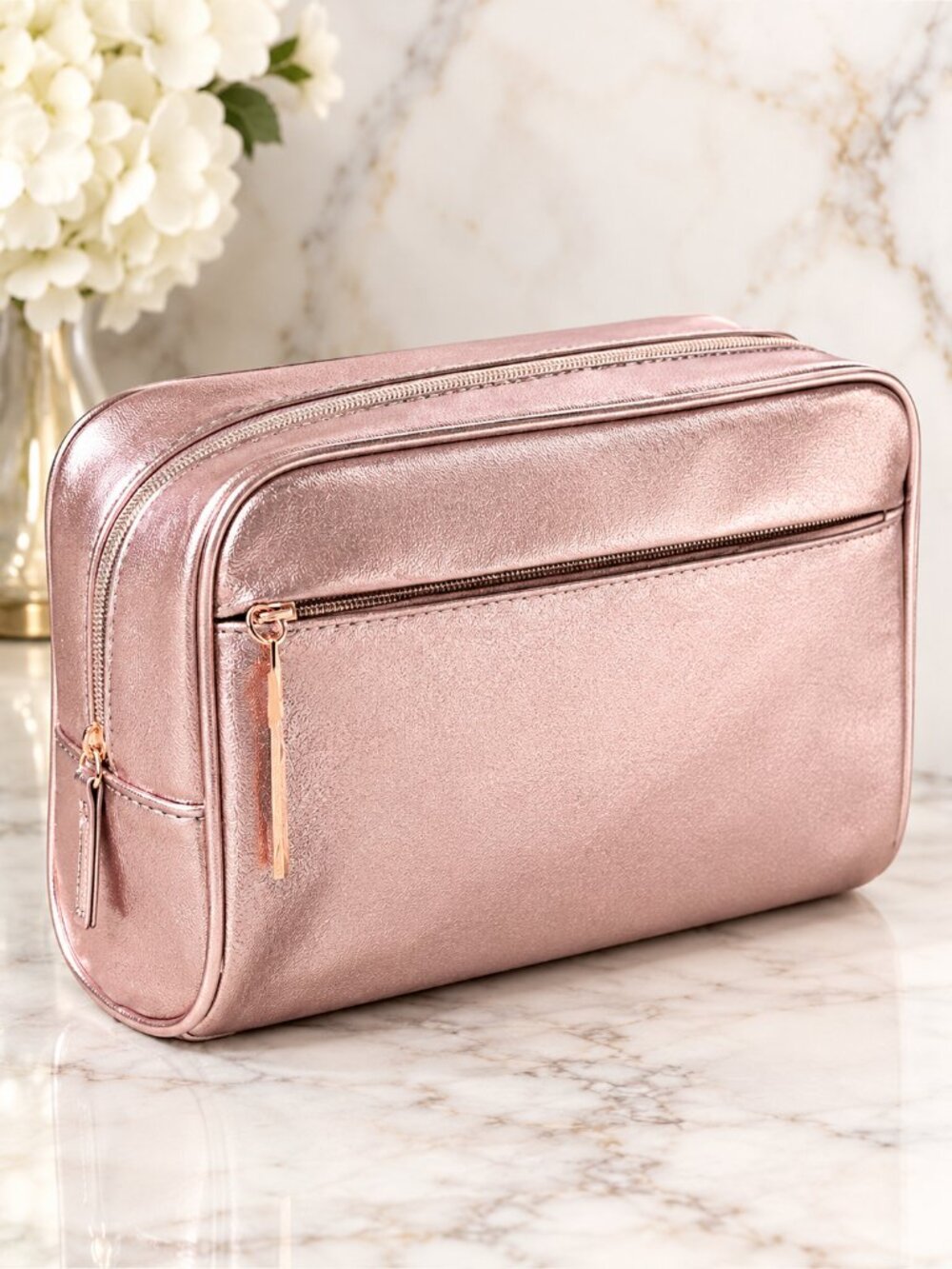 Lancome Metallic Rose Gold Cosmetic Bag – Makeup Travel Pouch Toiletry Case NEW